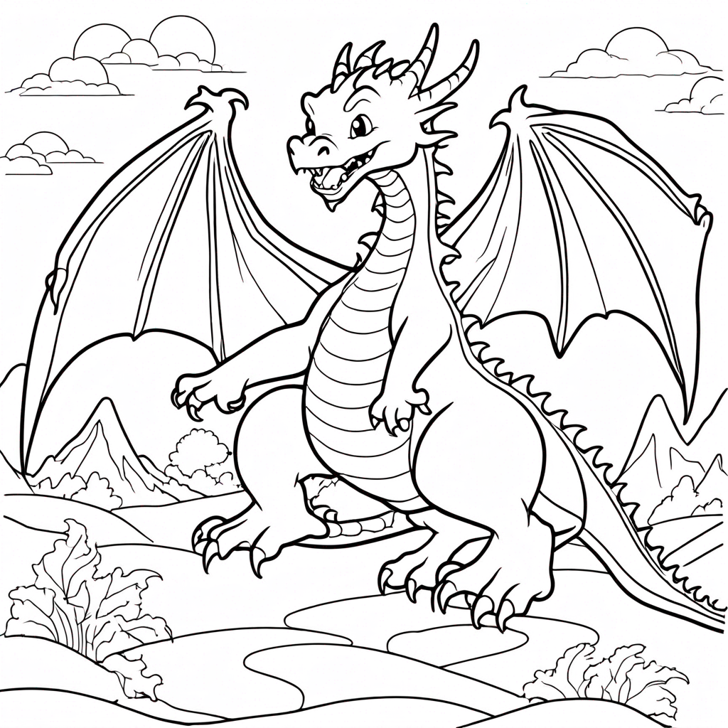 Dragon Exploring Magical Forest coloring page from dragon theme - free printable line art for kids and adults