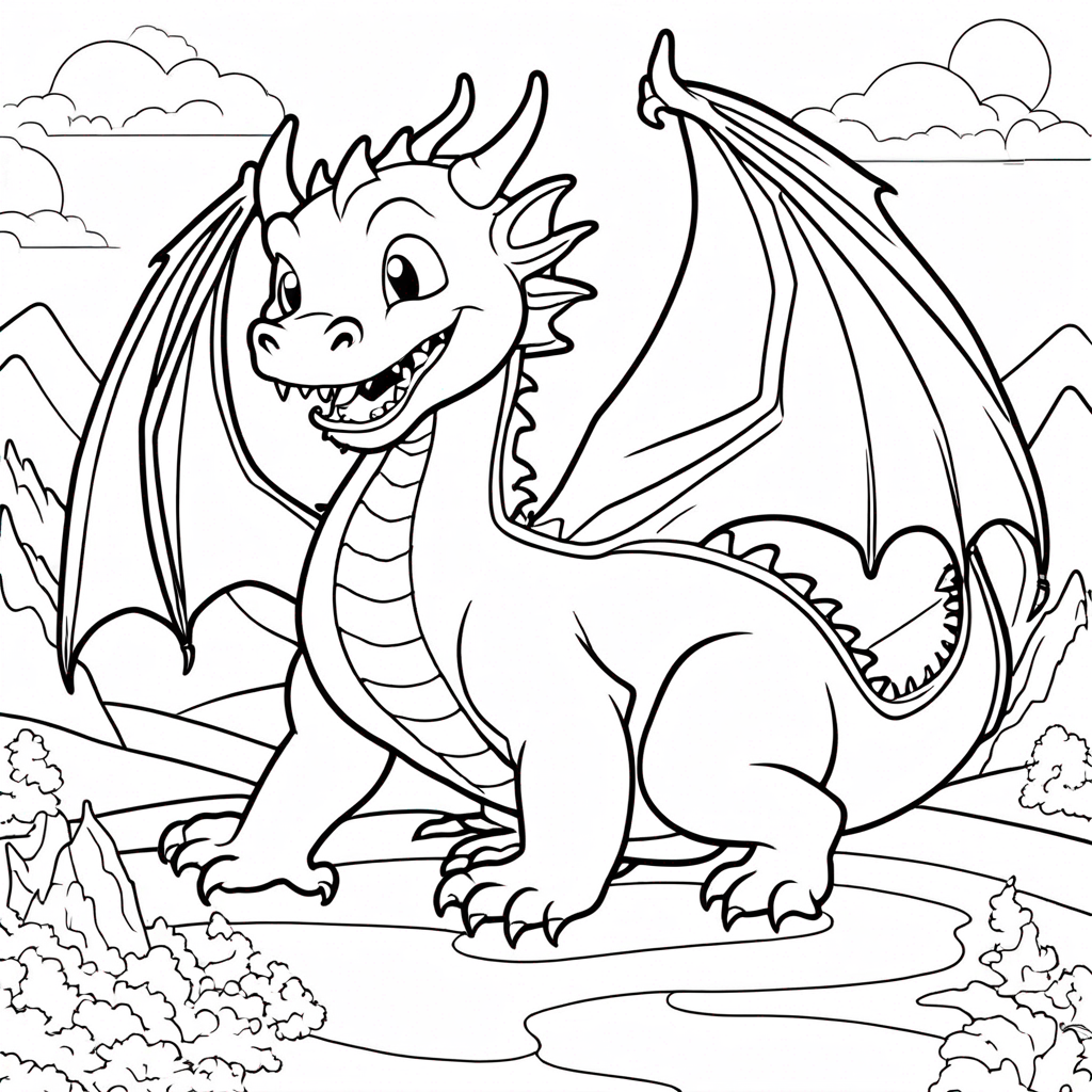 Dragon Exploring Enchanted Forest Path coloring page from dragon theme - free printable line art for kids and adults