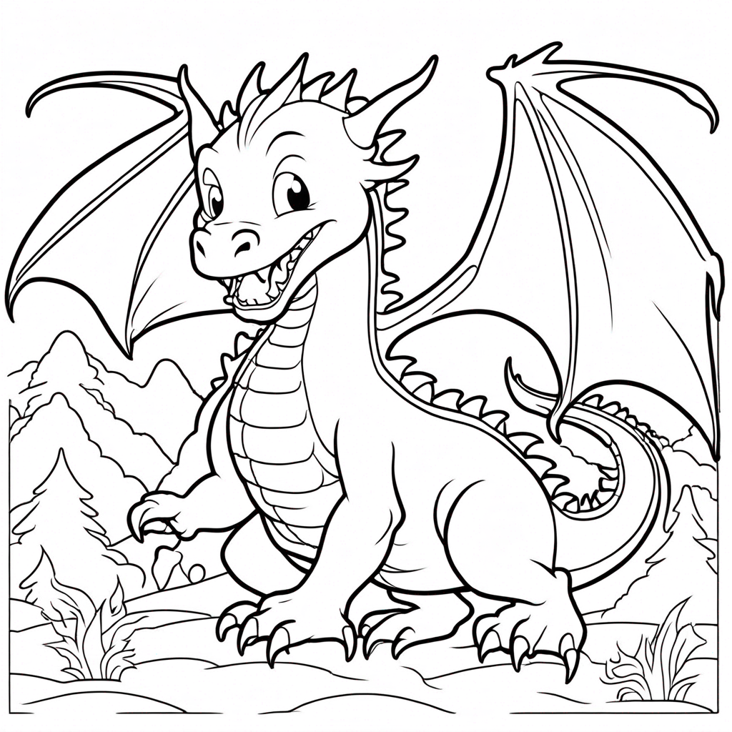 Dragon Exploring Magical Forest Clearing coloring page from dragon theme - free printable line art for kids and adults