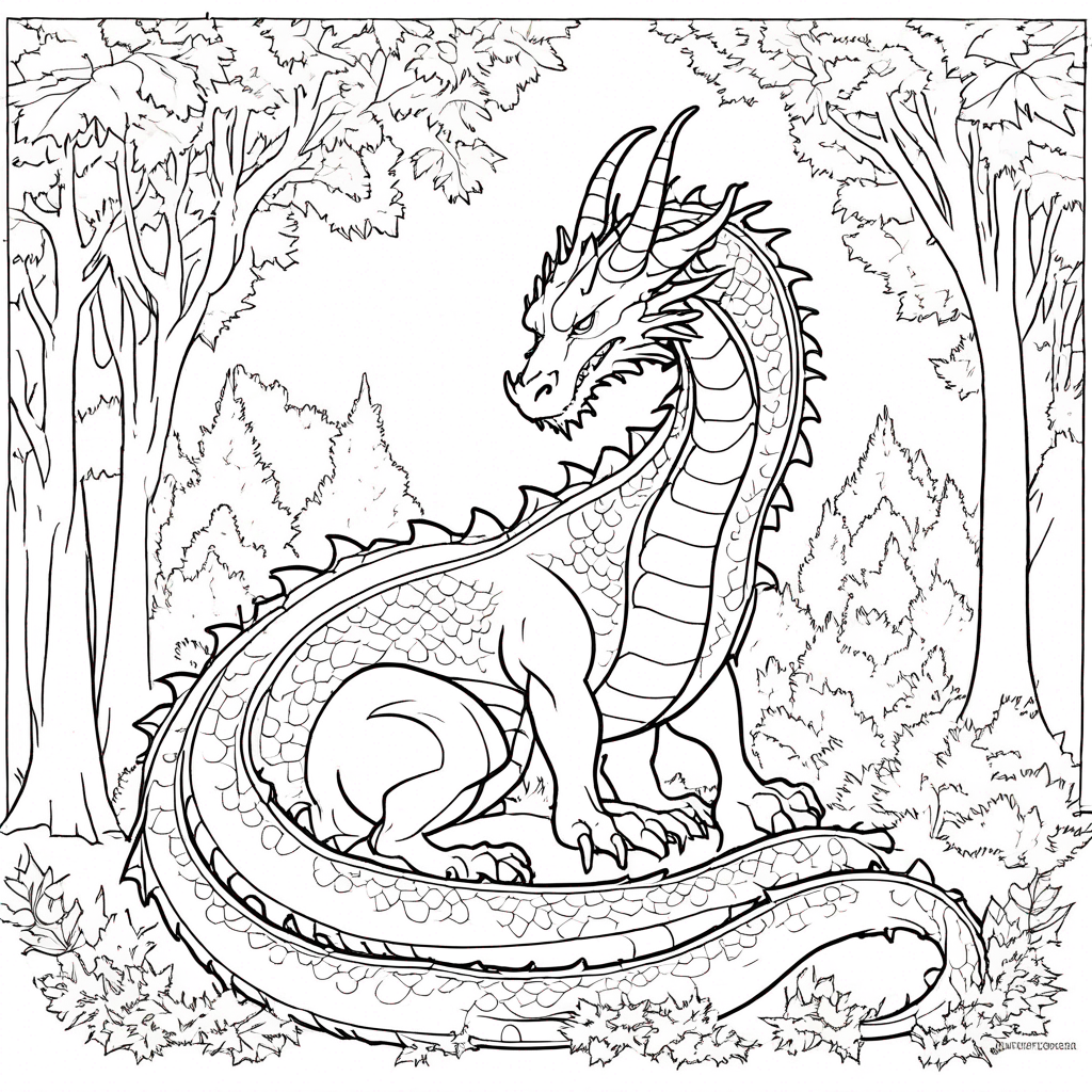 Dragon Sleeping in Enchanted Glade coloring page from dragon theme - free printable line art for kids and adults