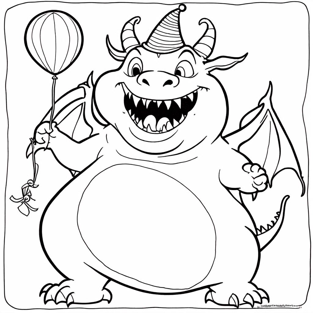 Jovial Dragon Balancing Party Hat coloring page from dragon theme - free printable line art for kids and adults