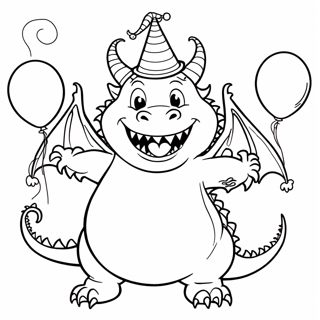 Jovial Dragon Balancing Party Hat coloring page from dragon theme - free printable line art for kids and adults
