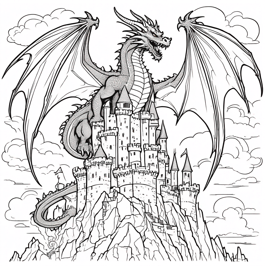 Majestic Dragon Guards Castle Turret coloring page from dragon theme - free printable line art for kids and adults