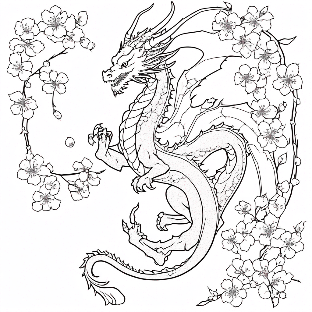 Cherry Blossom Dragon in Flight coloring page from dragon theme - free printable line art for kids and adults