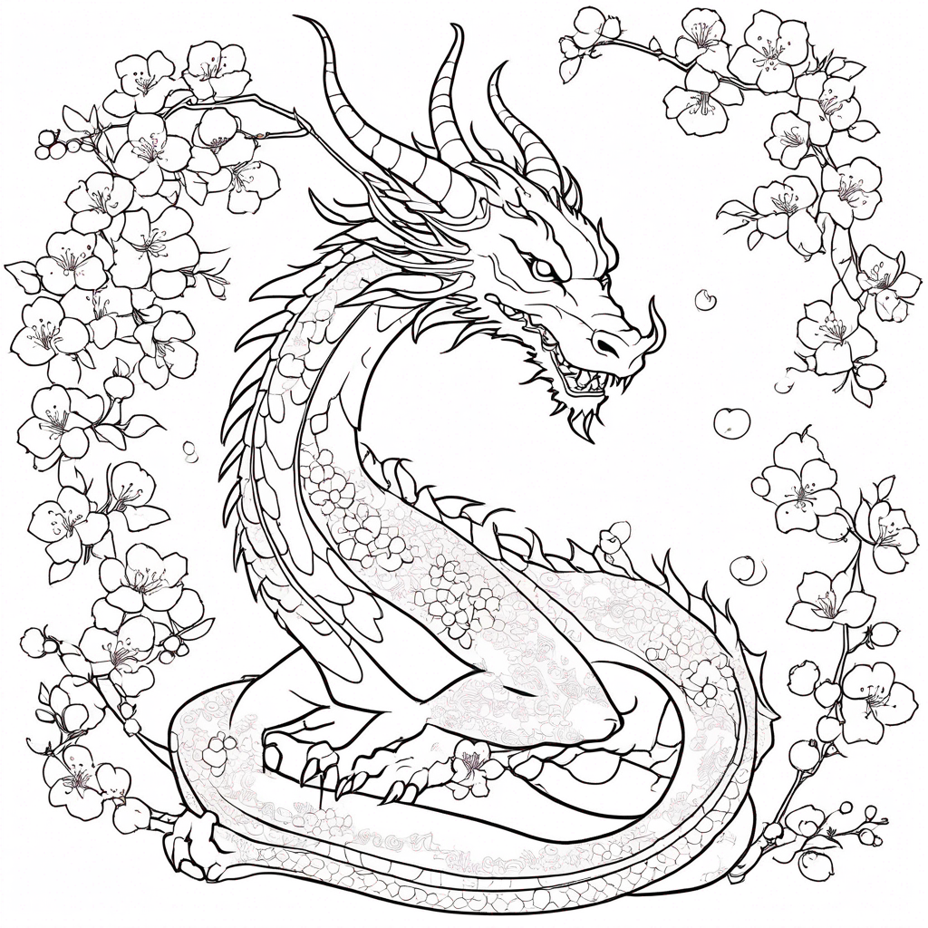 Dragon Surrounded by Cherry Blossoms coloring page from dragon theme - free printable line art for kids and adults