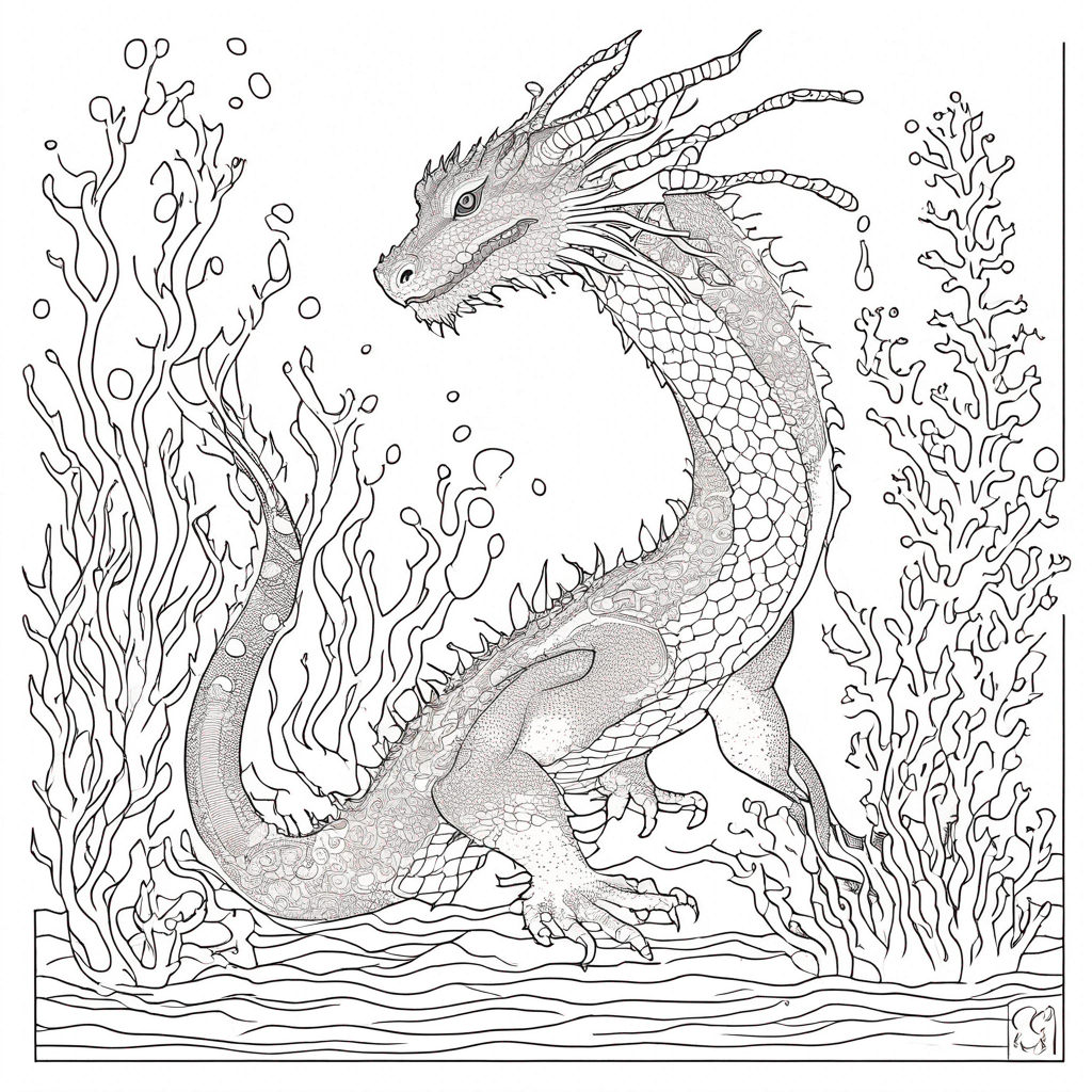 "Dragon Gliding Among Coral Gardens" coloring page from dragon theme - free printable line art for kids and adults