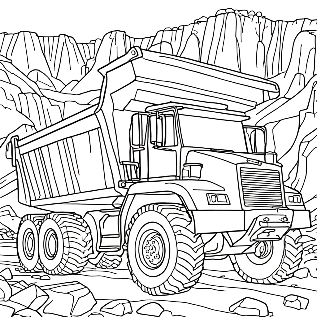 Detailed Dump Truck In A Busy Quarry coloring page from Dump Truck theme - free printable line art for kids and adults