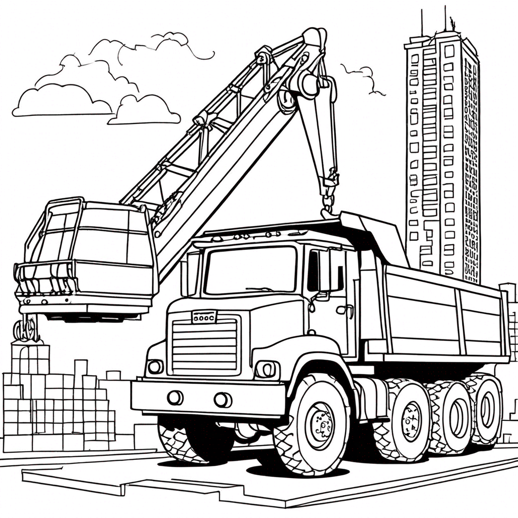 Dump Truck And Crane Building A Skyscraper coloring page from Dump Truck theme - free printable line art for kids and adults