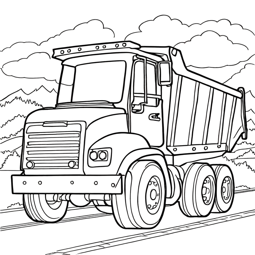 Dump Truck Driving On A Road coloring page from Dump Truck theme - free printable line art for kids and adults