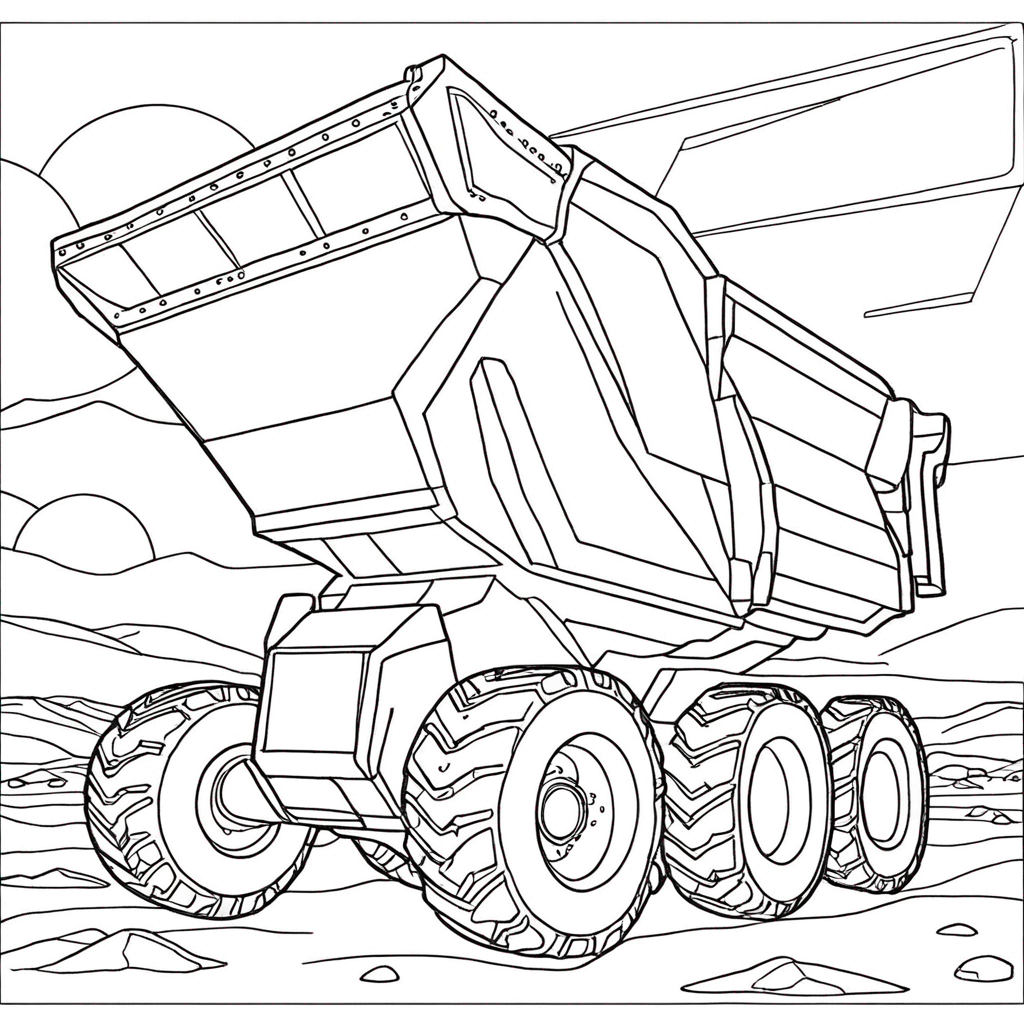 Futuristic Sci-Fi Dump Truck On Mars coloring page from Dump Truck theme - free printable line art for kids and adults
