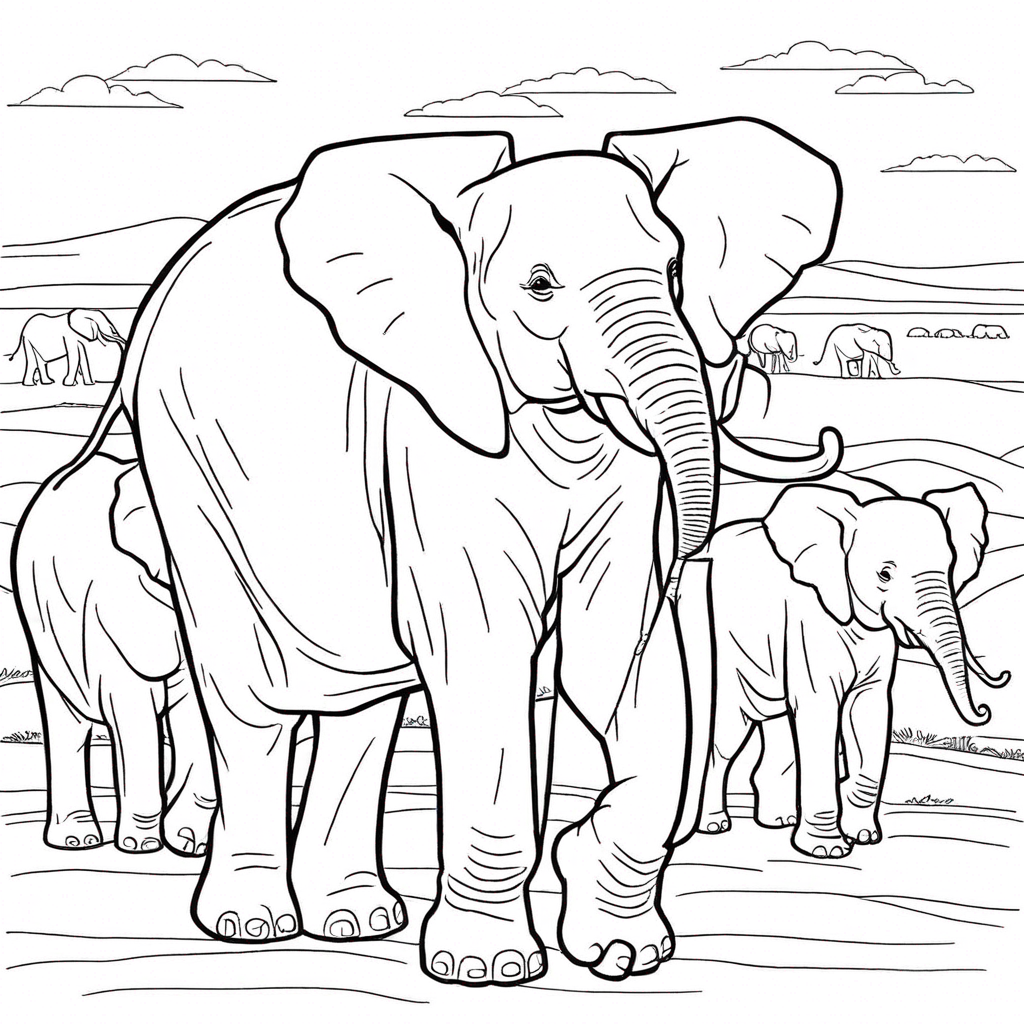 African Elephant Herd coloring page from elephant theme - free printable line art for kids and adults