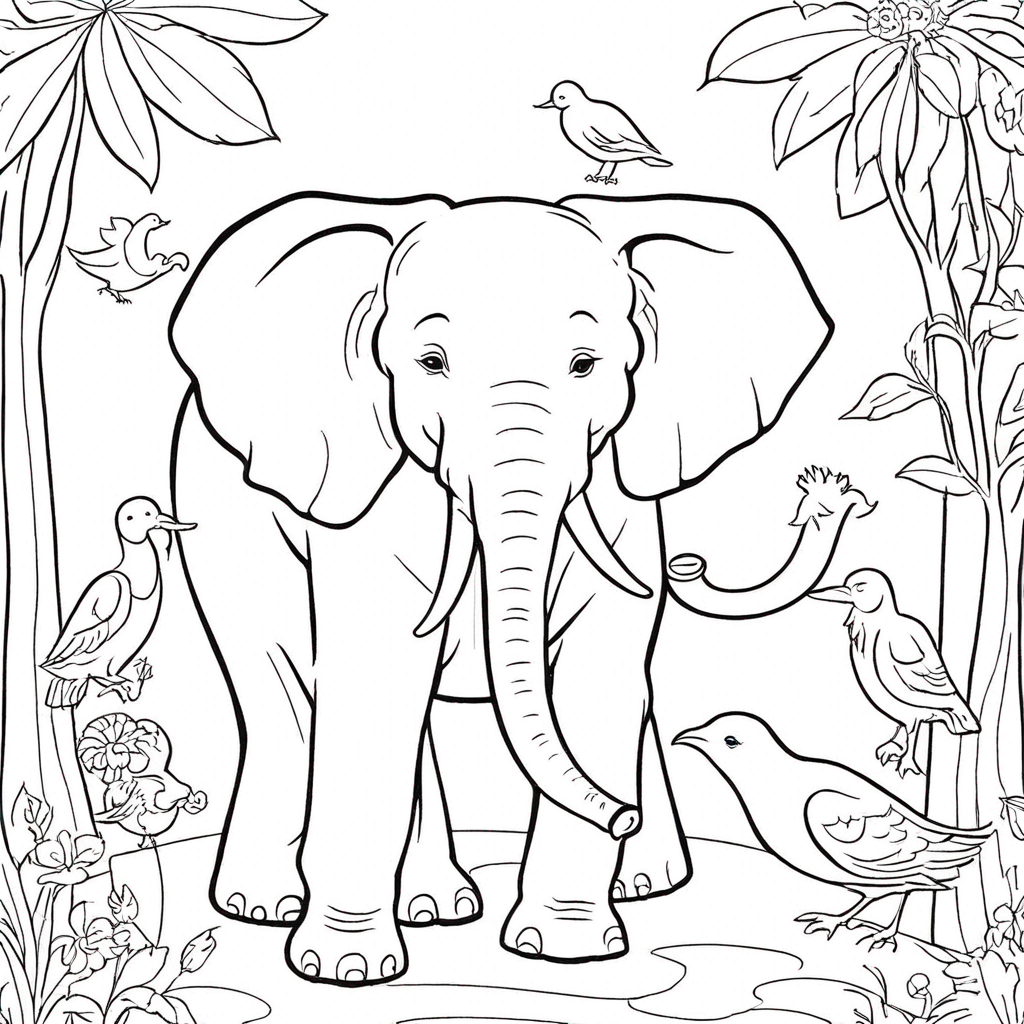 Elephant and Birds Symbiosis coloring page from elephant theme - free printable line art for kids and adults