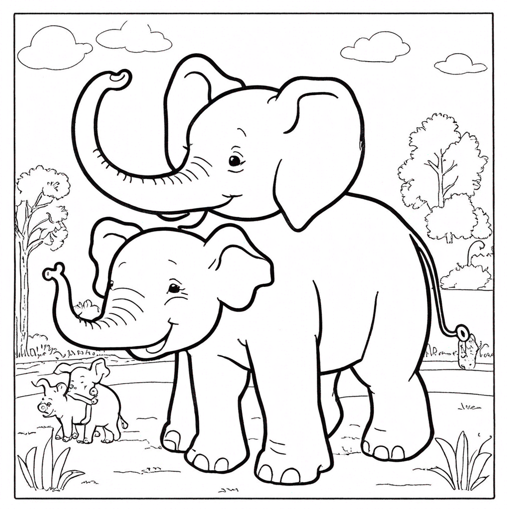 Elephant and Piggie Friends coloring page from elephant theme - free printable line art for kids and adults