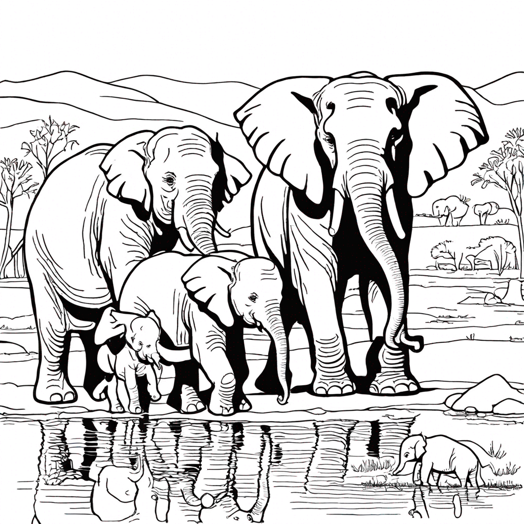 Elephant Family at Waterhole coloring page from elephant theme - free printable line art for kids and adults
