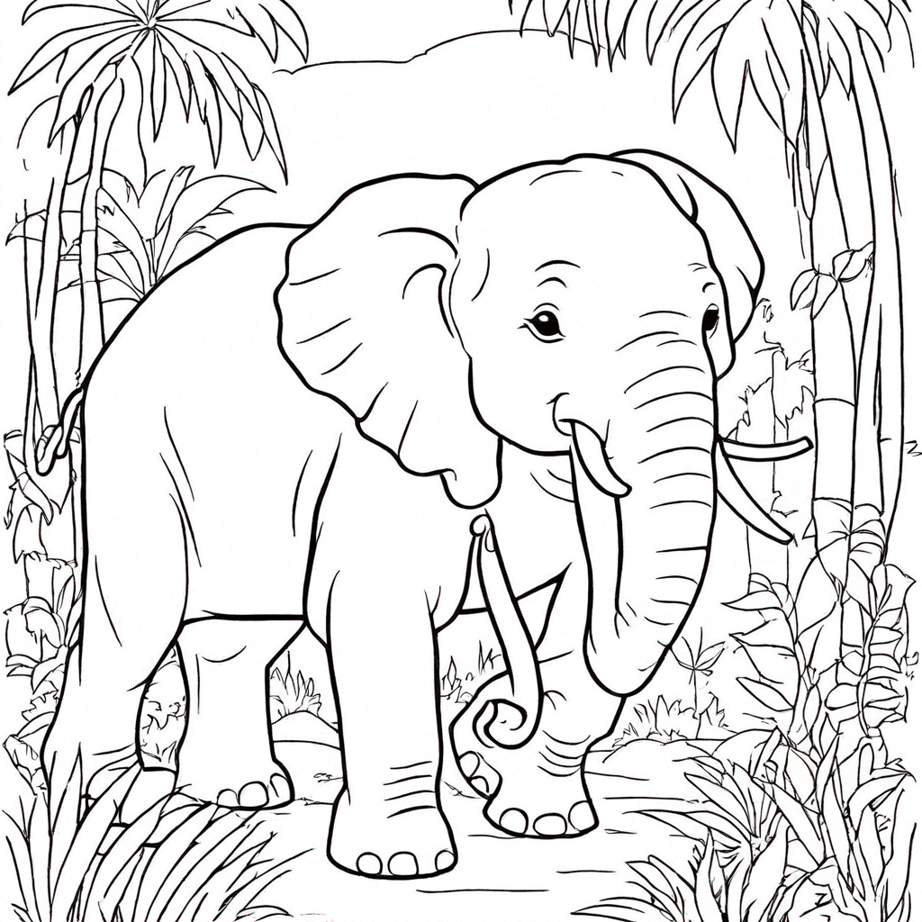 Elephant in Jungle Scene coloring page from elephant theme - free printable line art for kids and adults