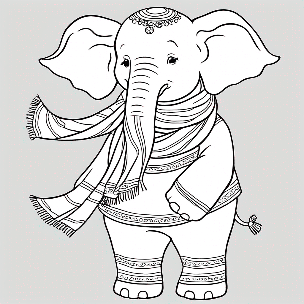 Elephant Wearing Scarf coloring page from elephant theme - free printable line art for kids and adults
