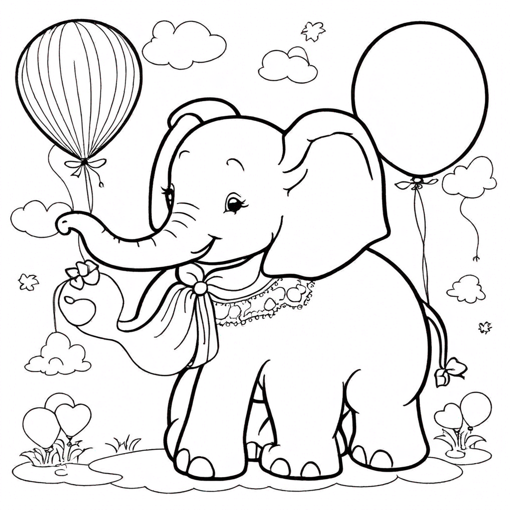 Elephant with Balloons coloring page from elephant theme - free printable line art for kids and adults