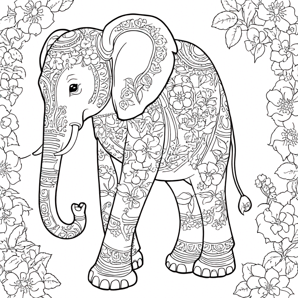 Elephant with Floral Patterns coloring page from elephant theme - free printable line art for kids and adults