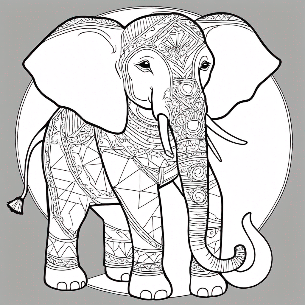 Elephant with Geometric Shapes coloring page from elephant theme - free printable line art for kids and adults