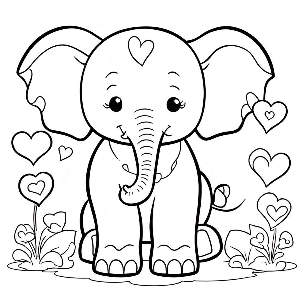Kawaii Elephant with Hearts coloring page from elephant theme - free printable line art for kids and adults