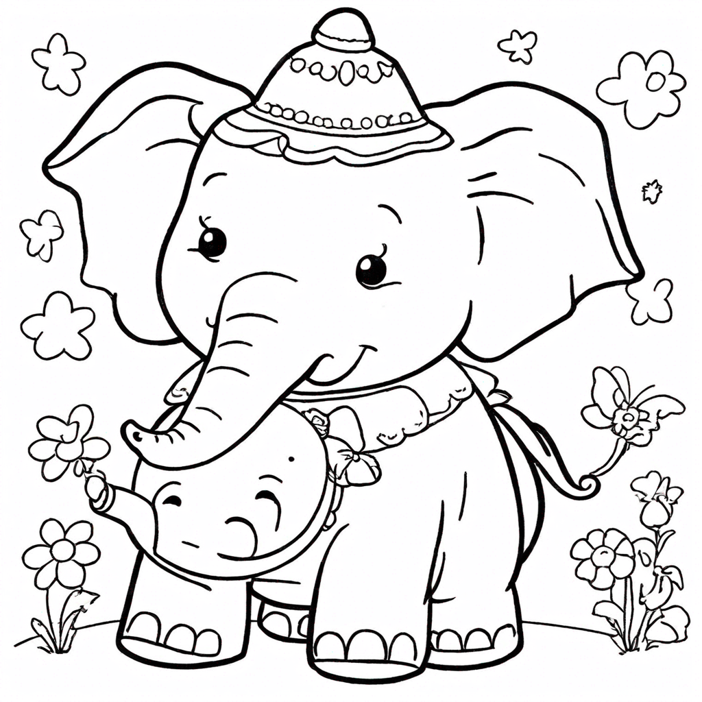 kawaii elephant with peppa pig2 coloring page from elephant theme - free printable line art for kids and adults