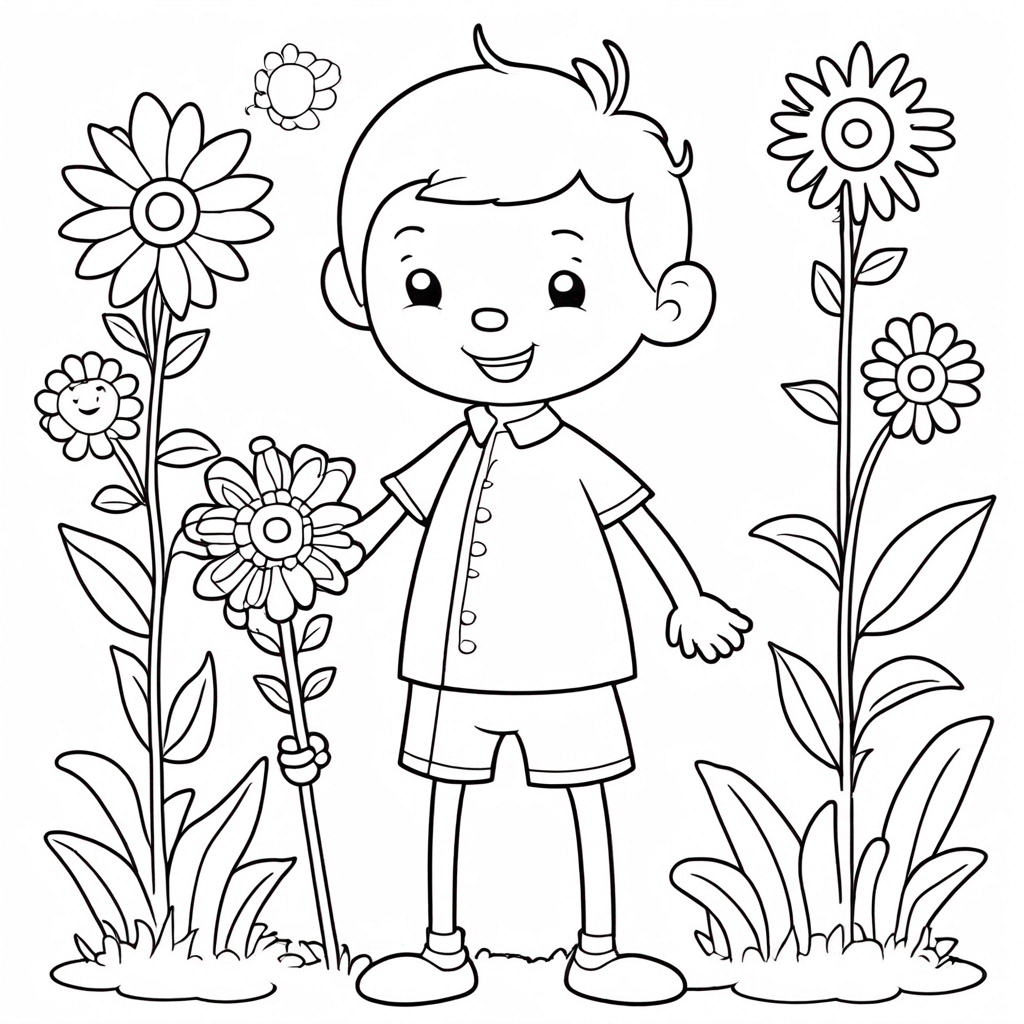 "Flower Skipping in Meadow" coloring page from flower theme - free printable line art for kids and adults
