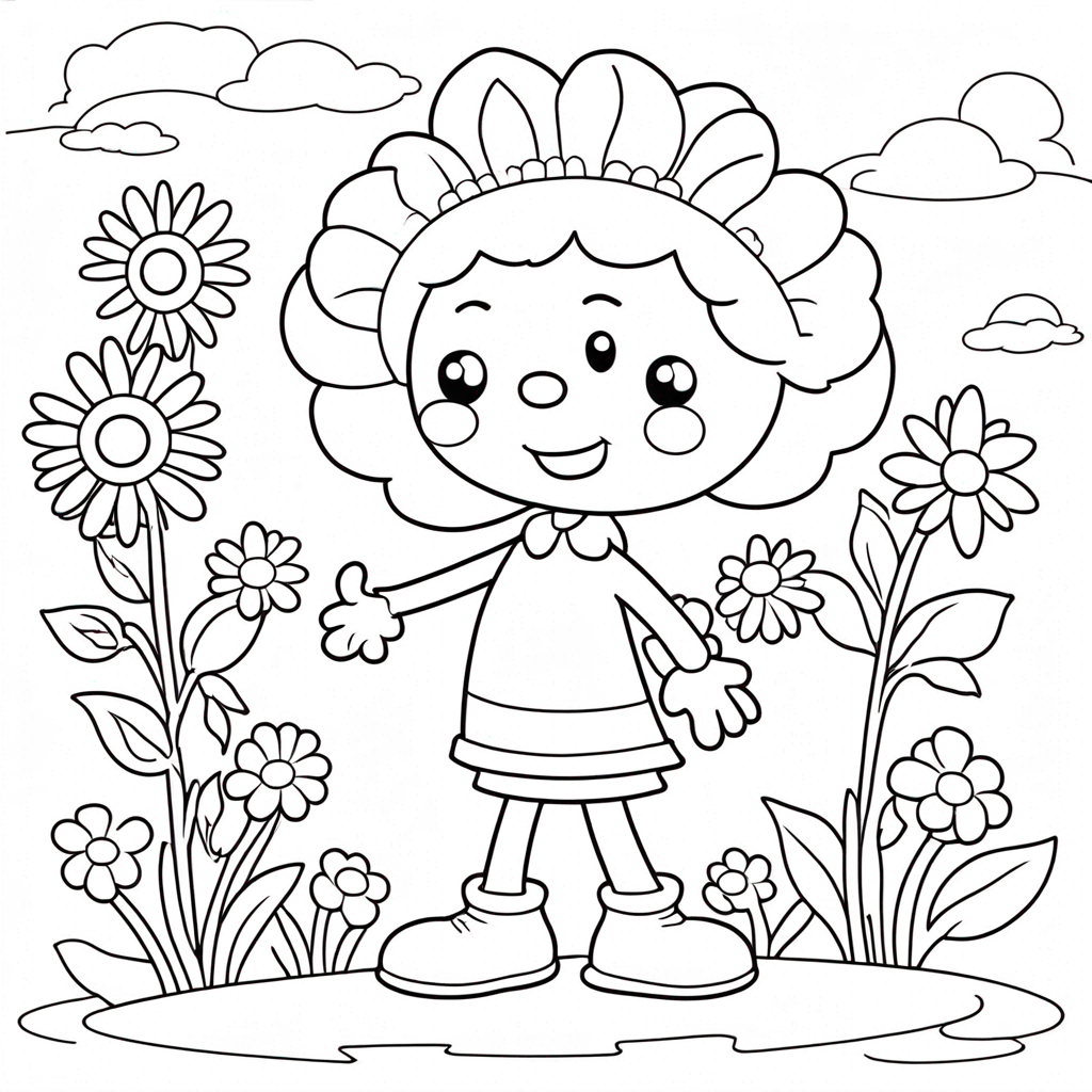 Flower Holding Balloons Happily coloring page from flower theme - free printable line art for kids and adults