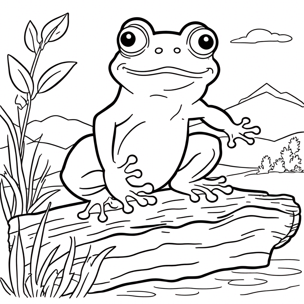 Cute Frog Jumping on a Log coloring page from frog theme - free printable line art for kids and adults