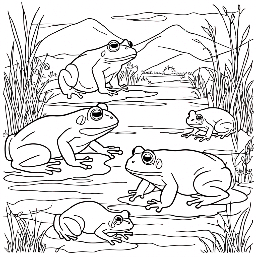 Frog Family by a Stream coloring page from frog theme - free printable line art for kids and adults