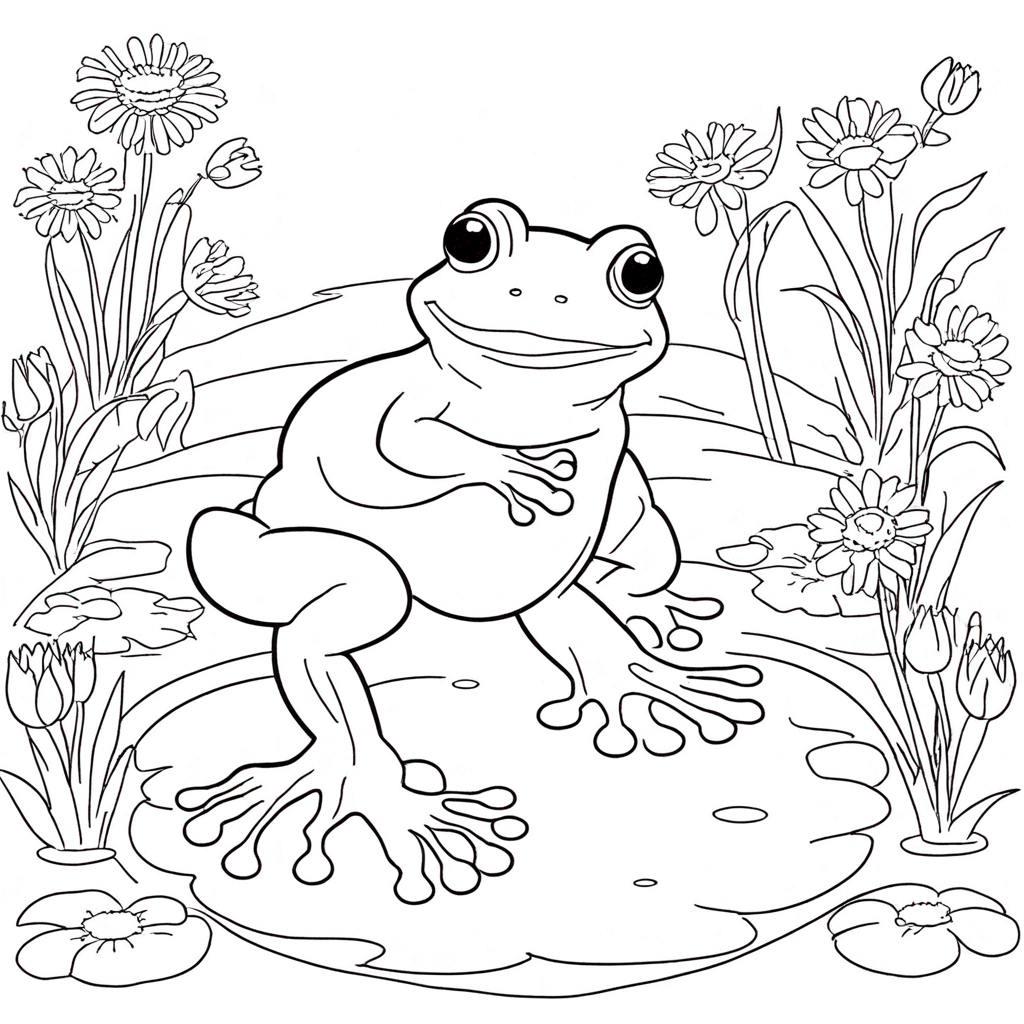 Frog in a Pond Surrounded by Flowers coloring page from frog theme - free printable line art for kids and adults
