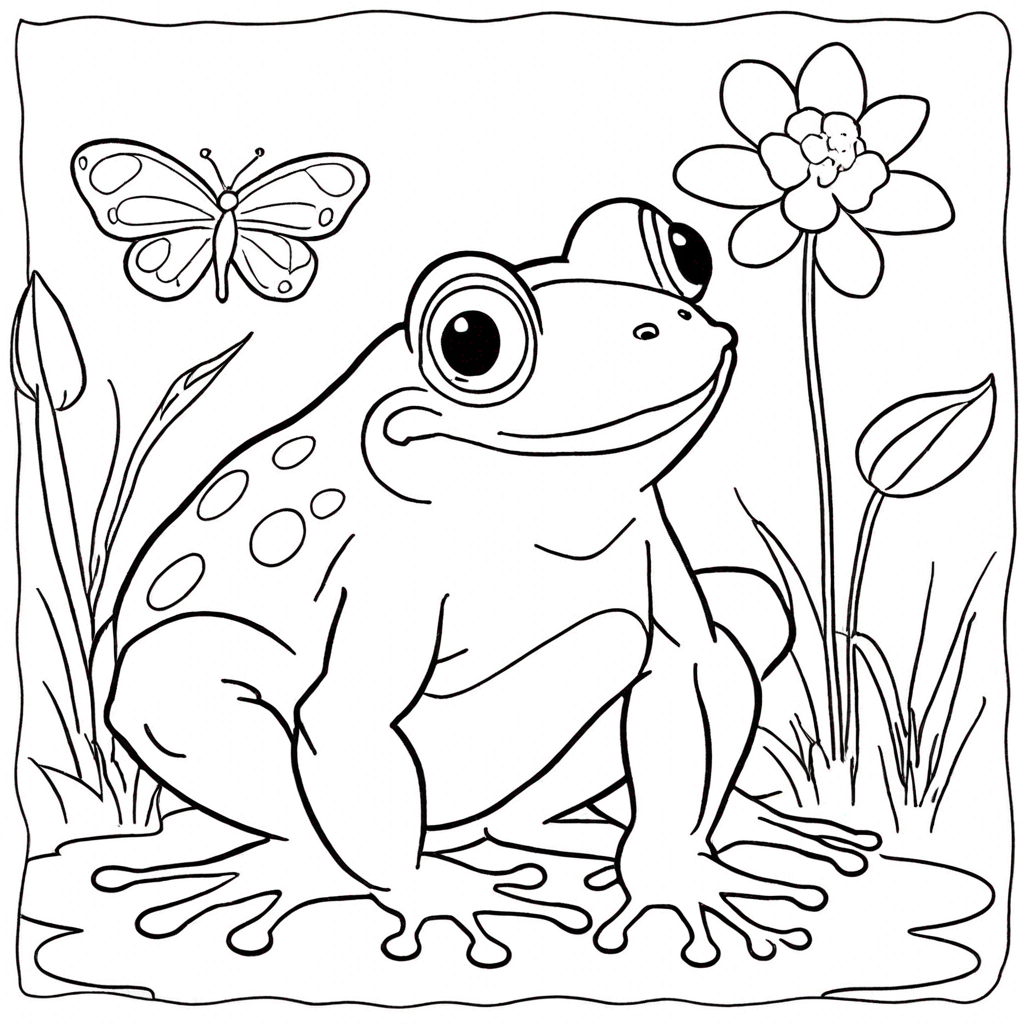 Frog with a Butterfly on Its Nose coloring page from frog theme - free printable line art for kids and adults