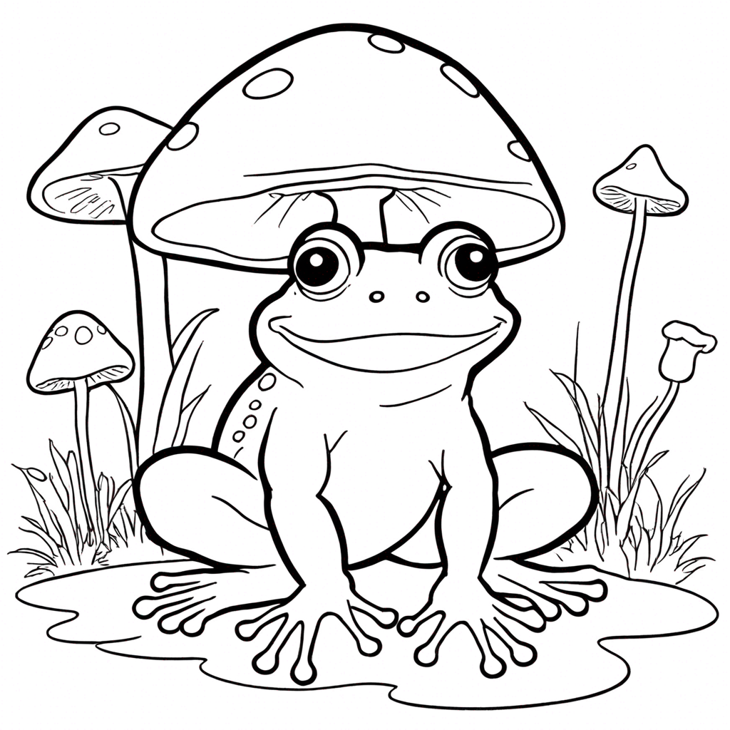 frog with mushroom hat coloring page from frog theme - free printable line art for kids and adults