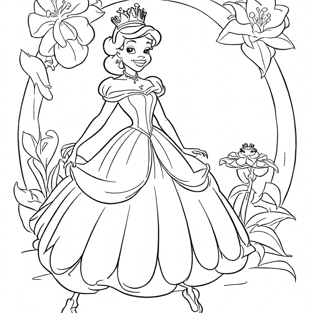 princess and the frog coloring page from frog theme - free printable line art for kids and adults