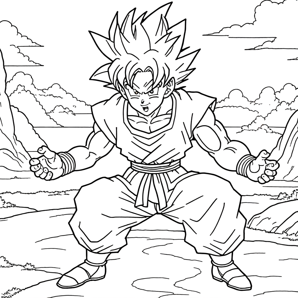 "Goku Exploring Magical Forest Trail" coloring page from goku theme - free printable line art for kids and adults