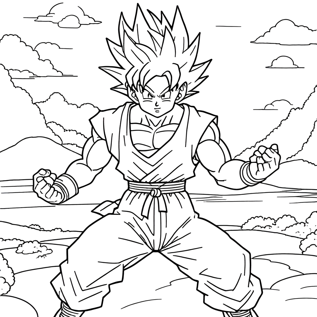 "Goku Exploring Colorful Forest" coloring page from goku theme - free printable line art for kids and adults