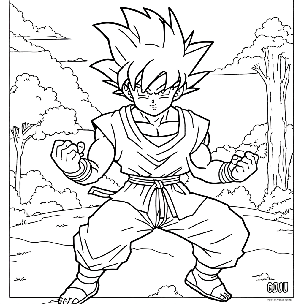 "Goku Exploring Mystical Forest" coloring page from goku theme - free printable line art for kids and adults