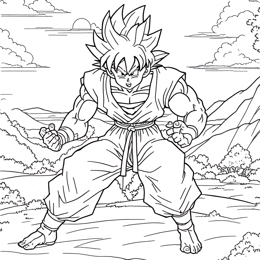 "Goku Exploring Hidden Treasure Cave" coloring page from goku theme - free printable line art for kids and adults