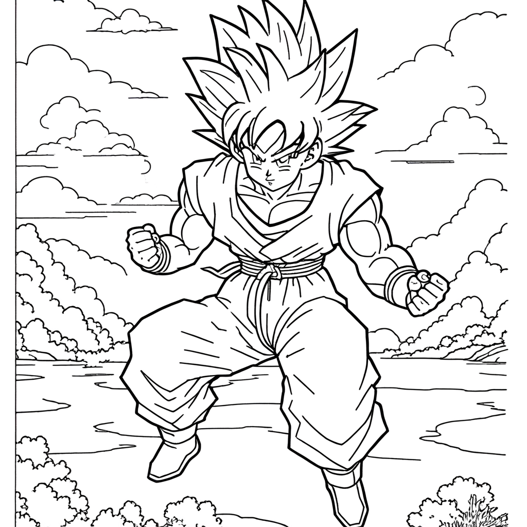 "Goku Flying High Adventure" coloring page from goku theme - free printable line art for kids and adults