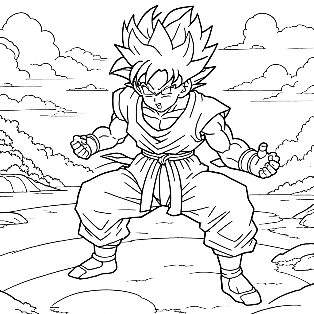 "goku Exploring Magical Forest" coloring page from goku theme - free printable line art for kids and adults