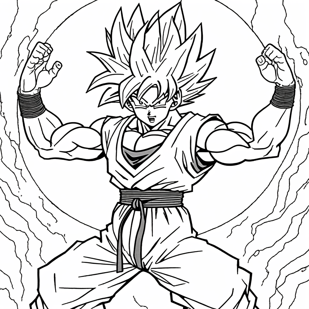 "Goku Powering Up Energy Sphere" coloring page from goku theme - free printable line art for kids and adults