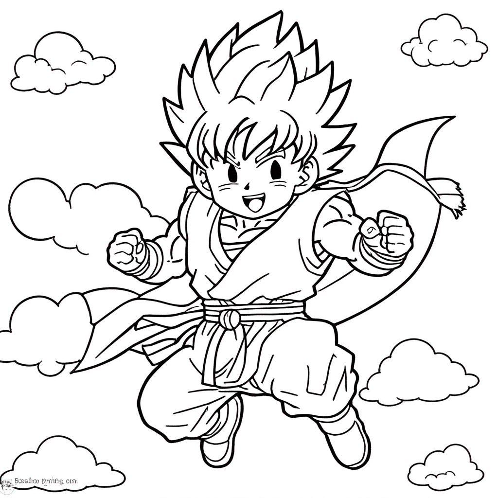 "Goku Soaring on Nimbus Clouds" coloring page from goku theme - free printable line art for kids and adults