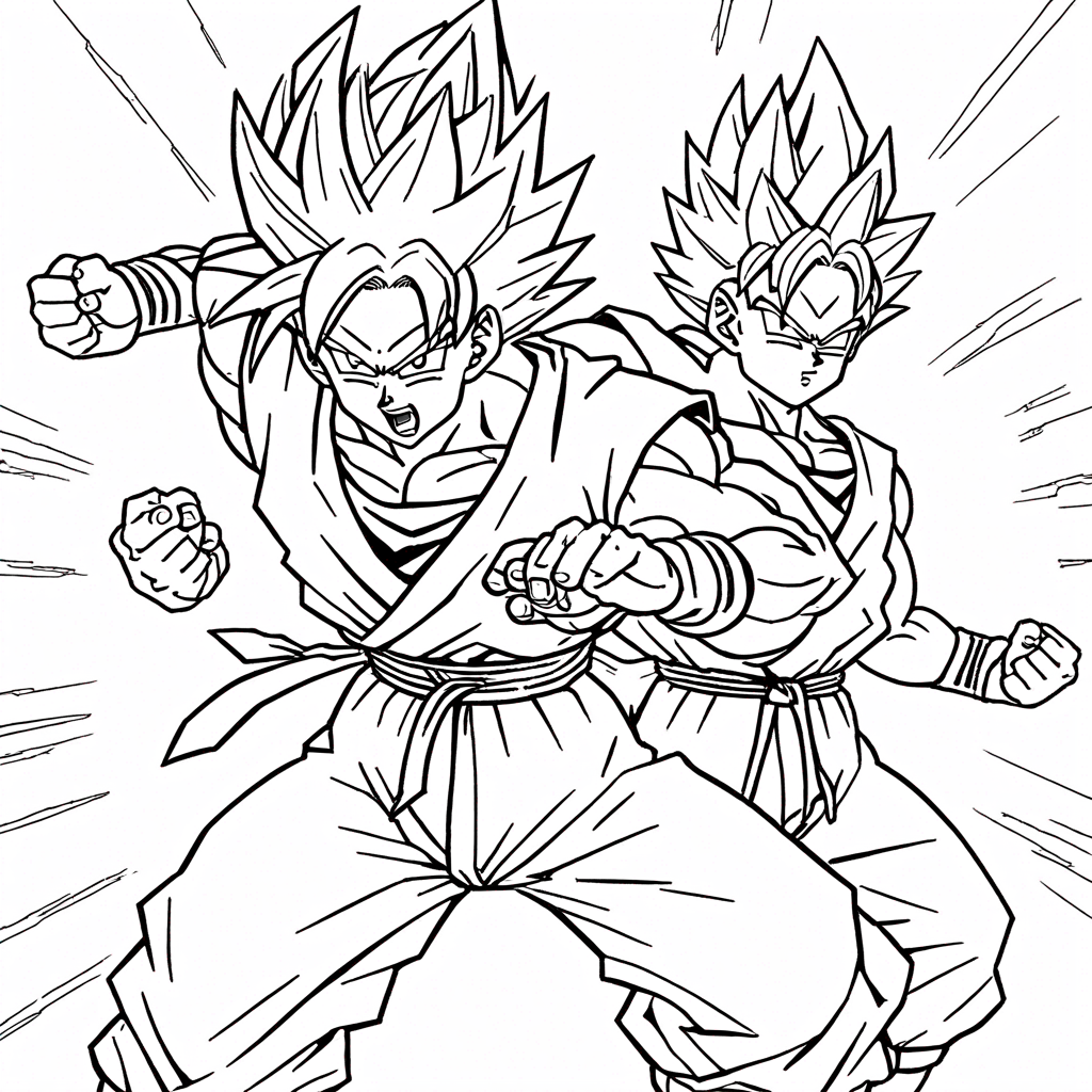 "Goku Guiding Son's Kamehameha Power" coloring page from goku theme - free printable line art for kids and adults