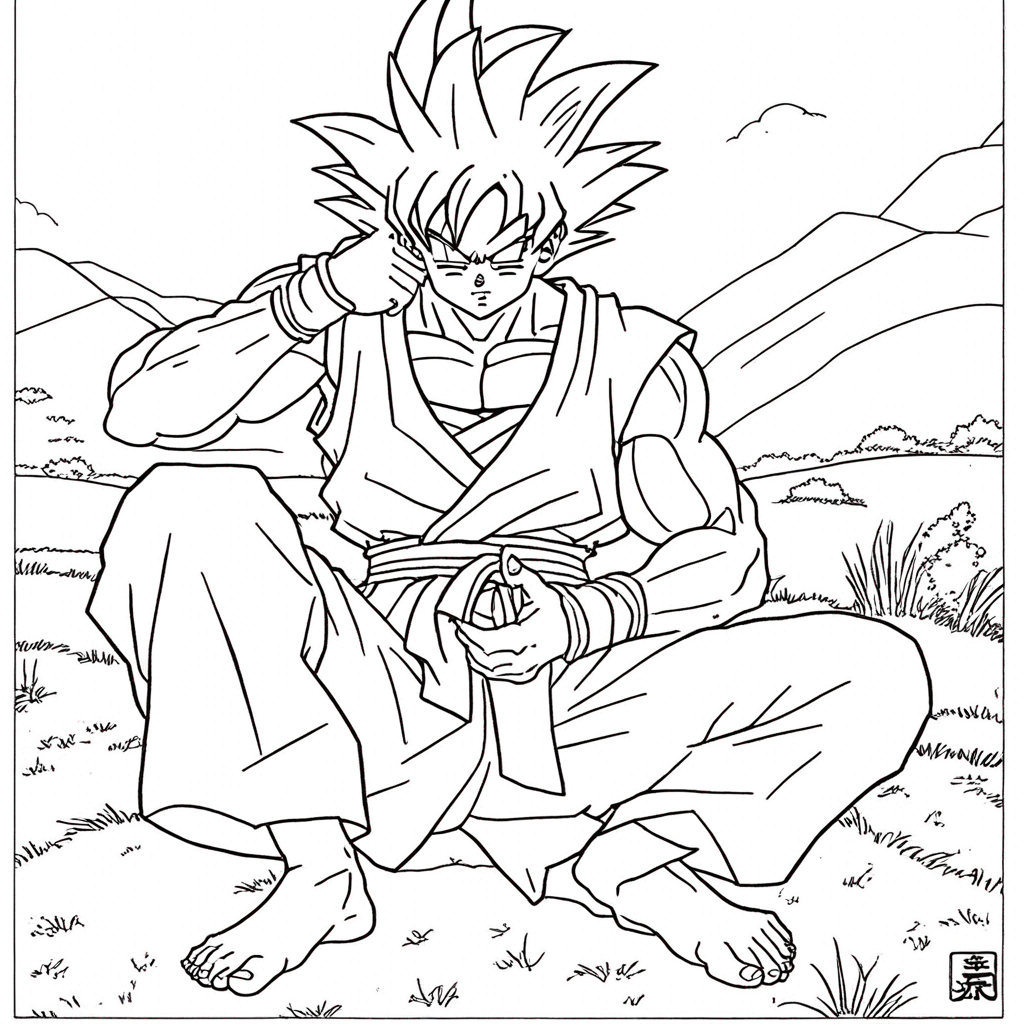 "Goku Resting in Grass Field" coloring page from goku theme - free printable line art for kids and adults