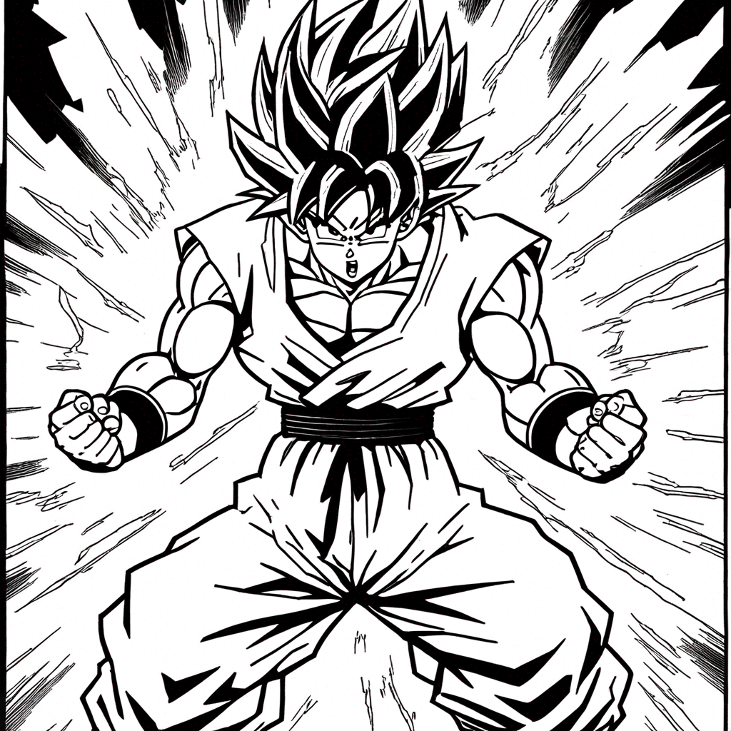 "Goku Roaring with Kaioken Power" coloring page from goku theme - free printable line art for kids and adults
