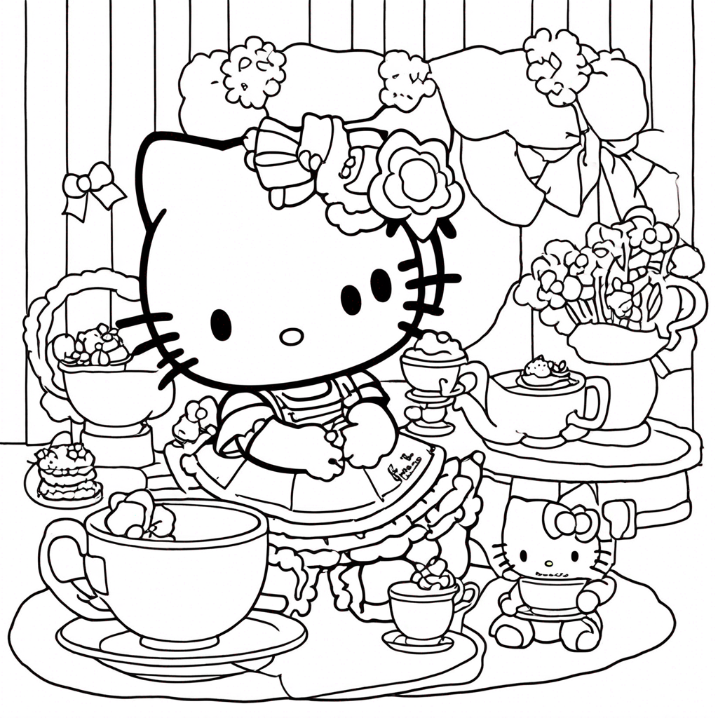 "hello-kitty Hosting Tea Party" coloring page from Hello Kitty theme - free printable line art for kids and adults