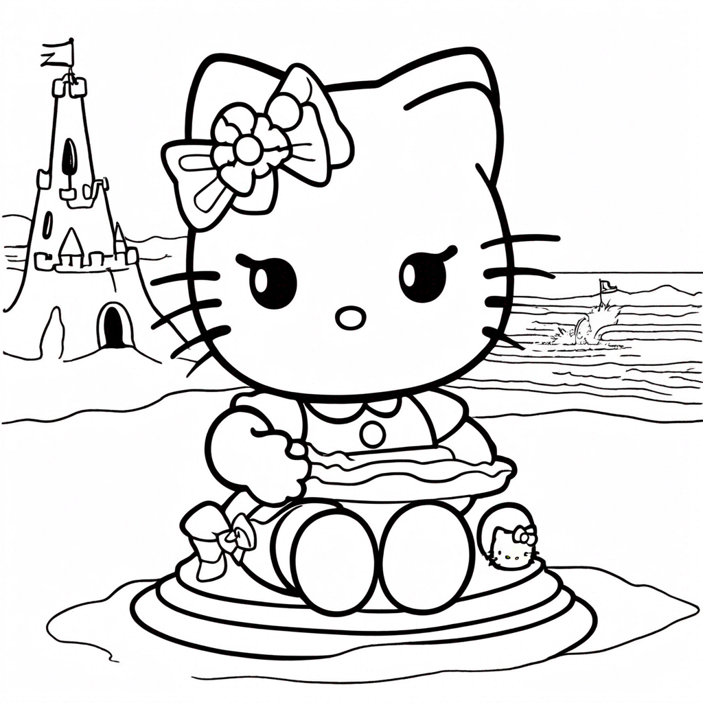 "hello-kitty Building a Sandcastle" coloring page from Hello Kitty theme - free printable line art for kids and adults