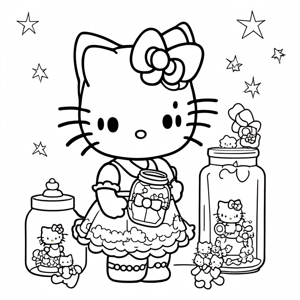 "hello-kitty Capturing Glowing Fireflies" coloring page from Hello Kitty theme - free printable line art for kids and adults