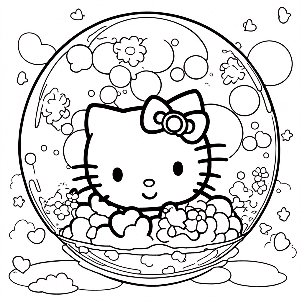 "hello-kitty Floating on Giant Bubble" coloring page from Hello Kitty theme - free printable line art for kids and adults