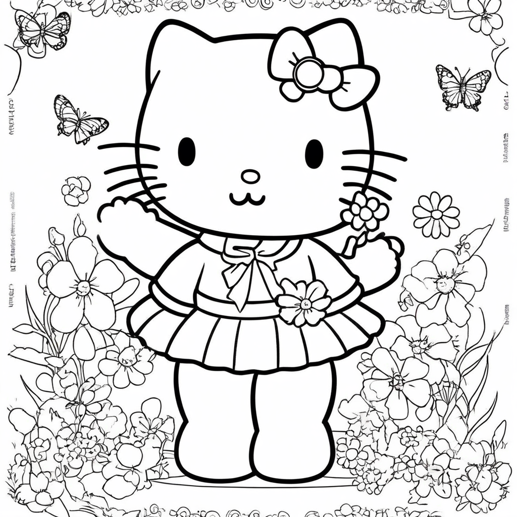 hello-kitty Smiling with Rainbow Butterflies coloring page from Hello Kitty theme - free printable line art for kids and adults