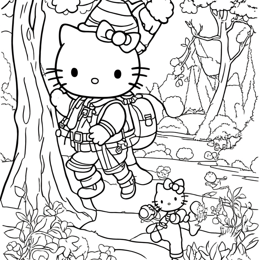 "hello-kitty Exploring Magical Forest" coloring page from Hello Kitty theme - free printable line art for kids and adults